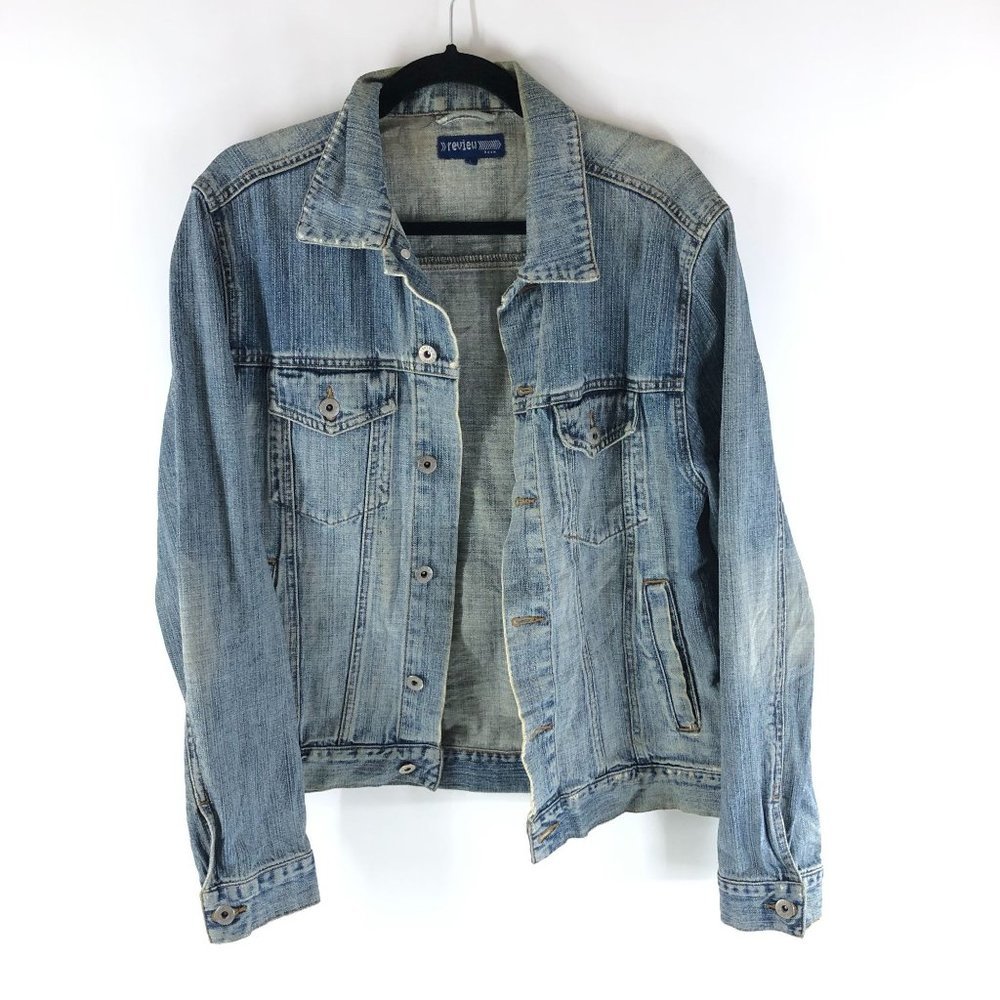 Review Womens Vintage Denim Jacket Retro Trucker Distressed Medium Wash Blue L